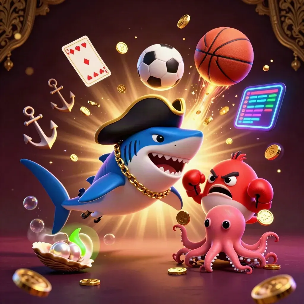 Onderwater piratenhaai, rode kogelvis en baby-octopus met munten, ballen en casino-glans.