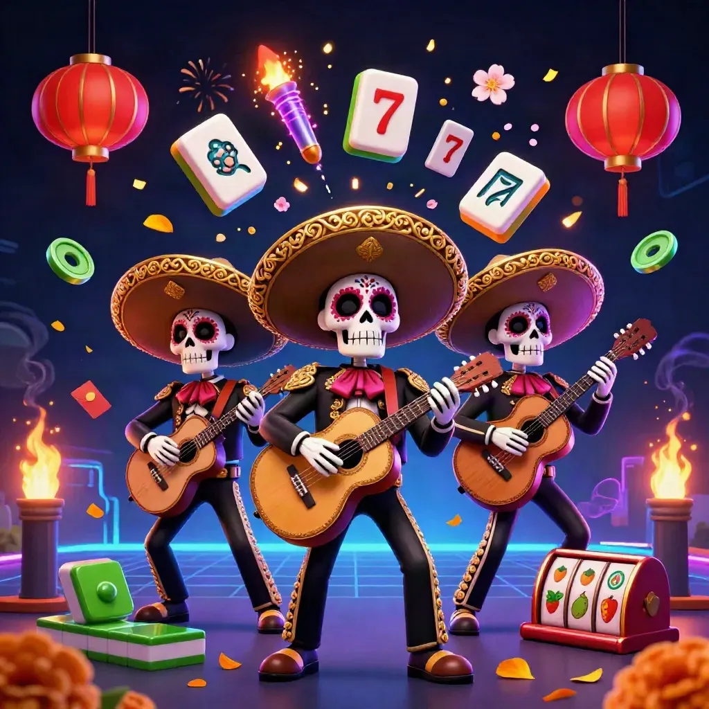 Drie skelet-mariachi’s met sombrero’s tussen neon casino-symbolen, vonken en jade munten.