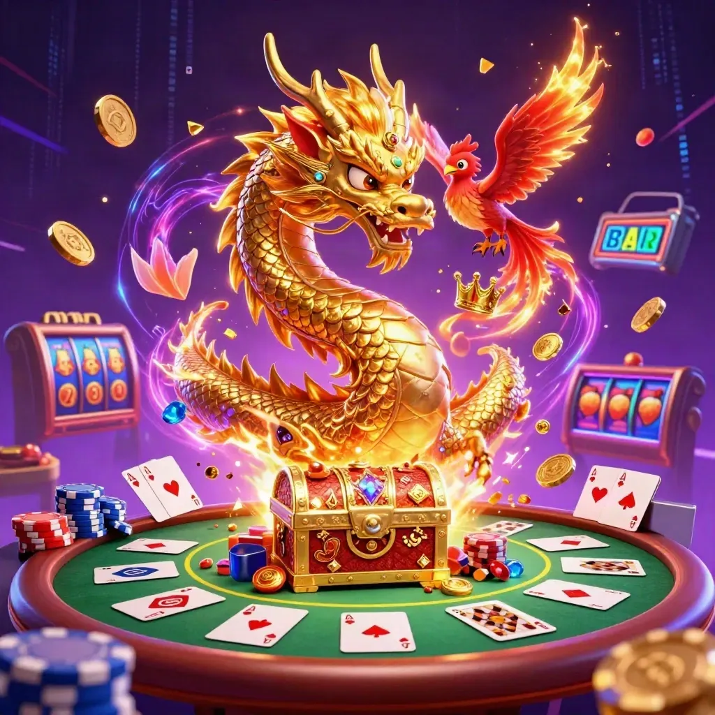 Gouden draak, rode feniks en koi tussen neon schatten in een paars casino-universum.