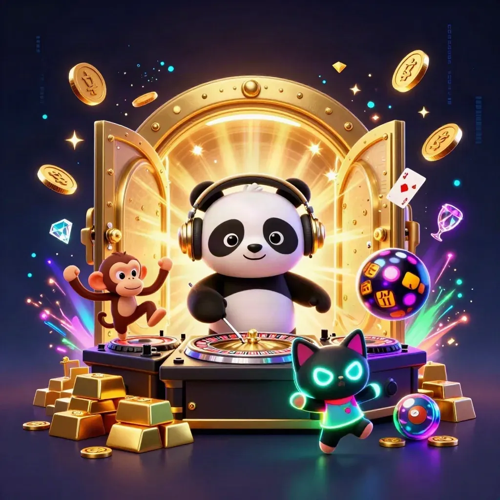 Neon casinoscène met panda-DJ, aap en glow-stick kitten rond open schatkluis.