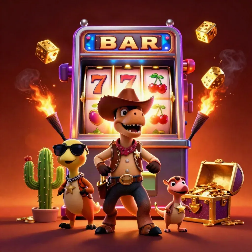 3D cowboy T-rex, cactus en sheriff-roadrunner bij knallende gokkast en goud