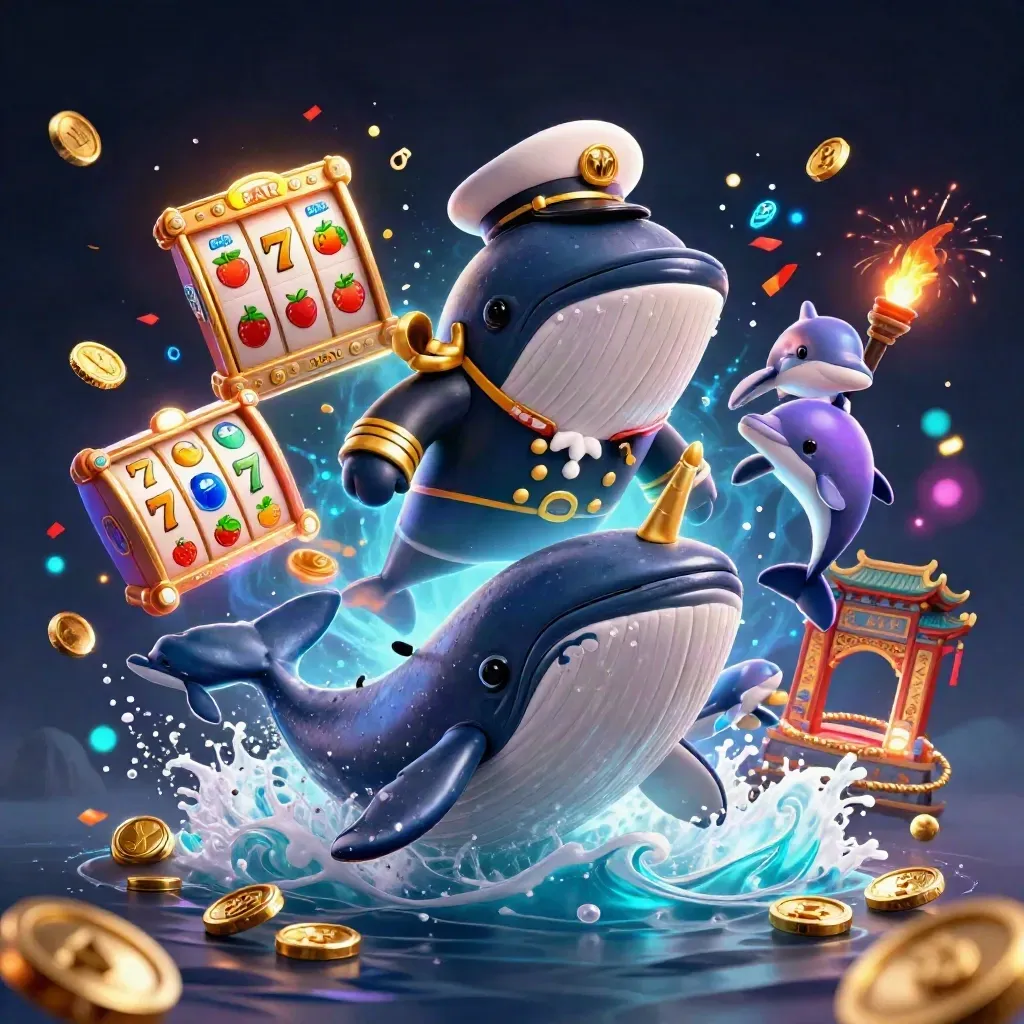 Grote cartoonwalvis, narwal en dolfijnen in neon casino-chaos met munten, tempelpoort en vuurwerk.