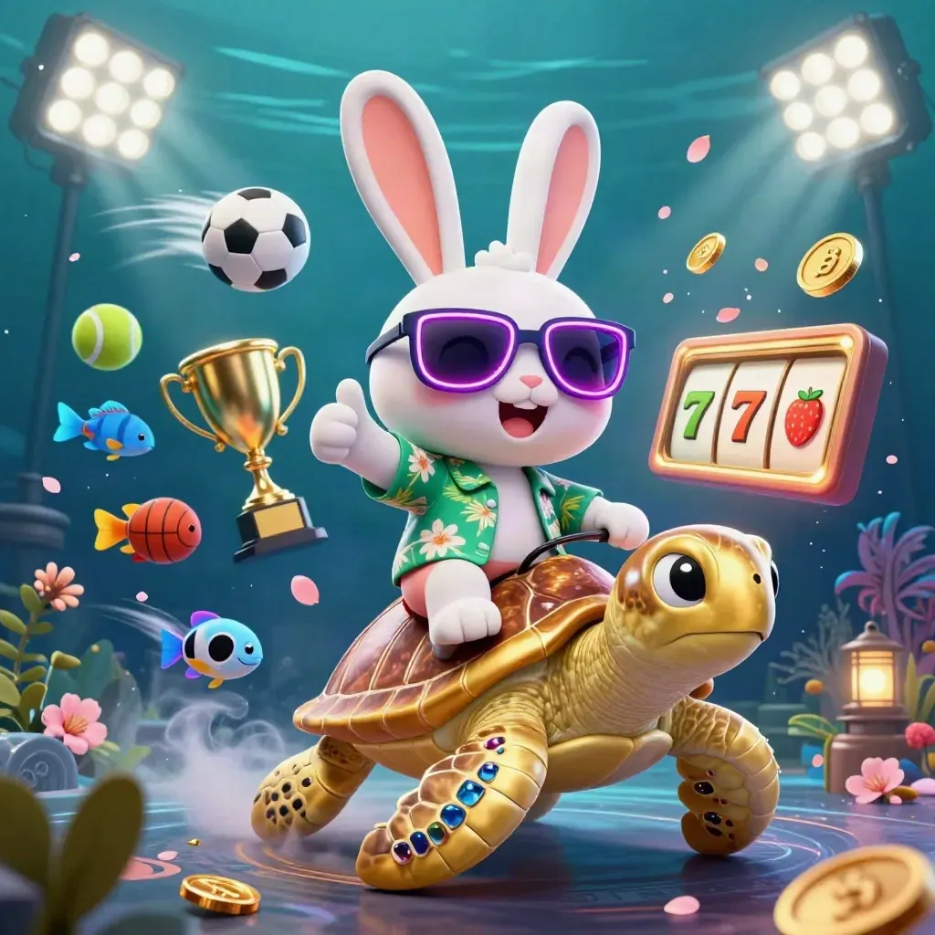 Konijn op gouden schildpad tussen sportballen, munten en slots in neononderwaterlicht.